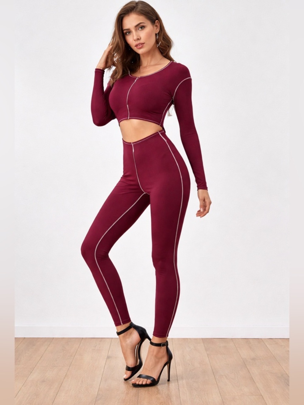 Crop and pants two piece set Long Sleeve Ribbed Set in Burgundy